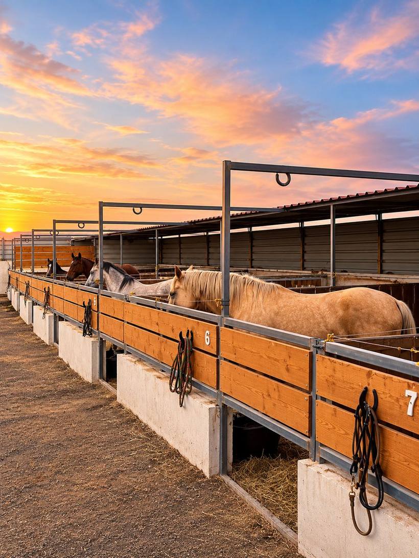 Caballerizas de madera de Rancho Galli al atardecer, con un caballo palomino asomado