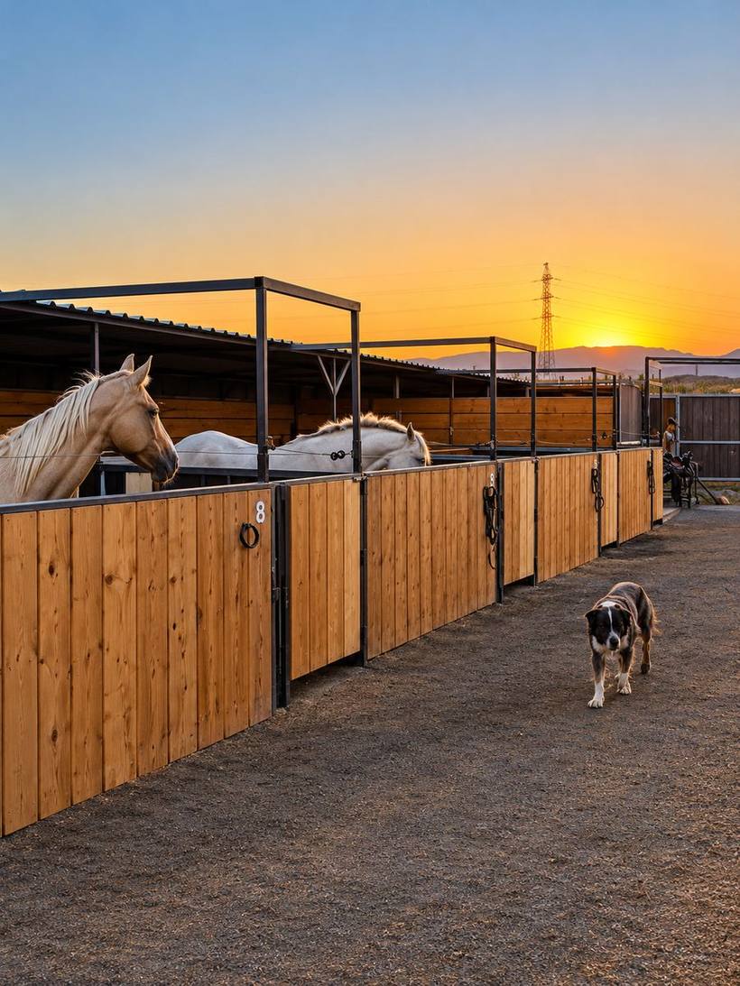 Pasillo de las caballerizas al atardecer, con caballos en sus boxes y un perro del rancho
