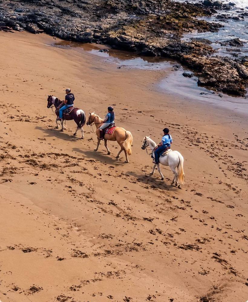 Tres jinetes pasean a caballo por la orilla de una playa de arena junto a las rocas
